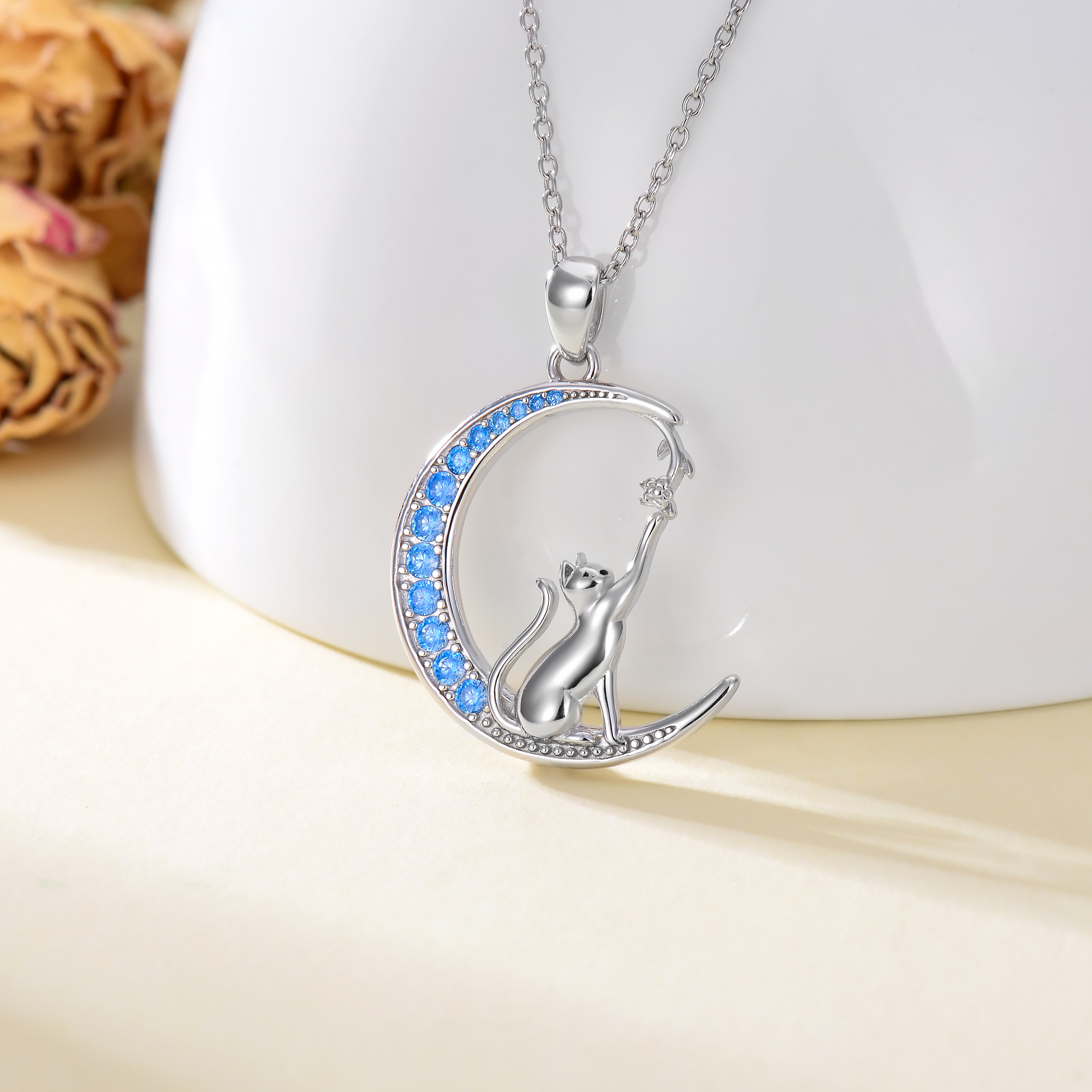 Women's Cat Necklace with Rose Flower and Moon Pendant